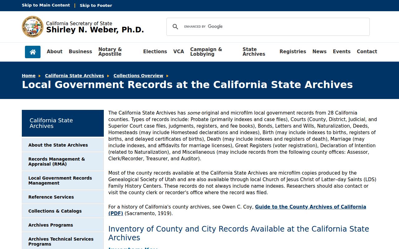 California State Archives record groups for Martinez city directory research